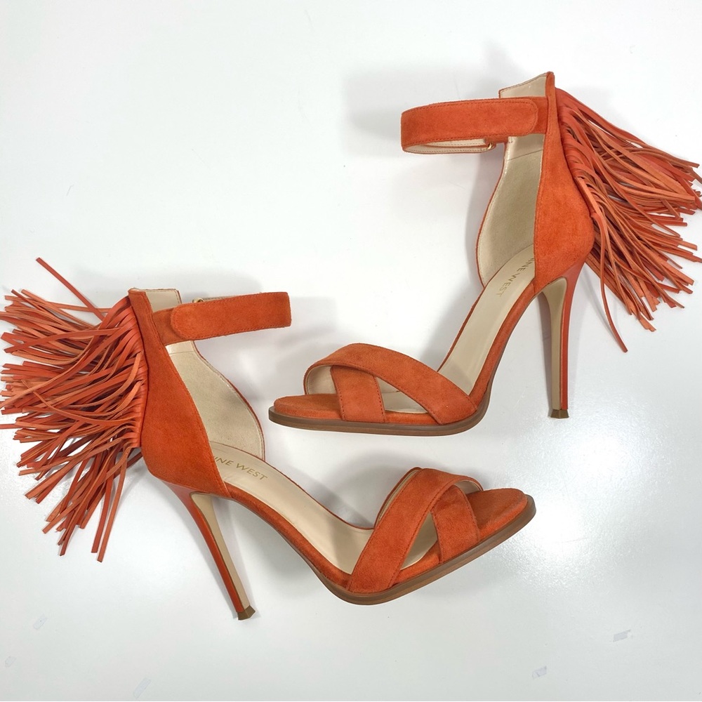Nine West Hustle Orange Suede Leather Fringe Strappy Stilettos Heels Sandals 7 - Picture 3 of 12